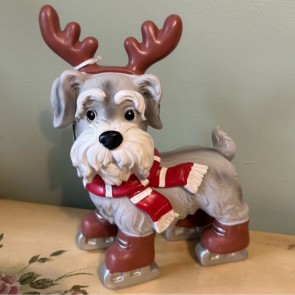 Schnauzer Dog in Ice Skates Reindeer Antlers Winter Scarf Holiday Statue NEW NWT - Picture 1 of 8